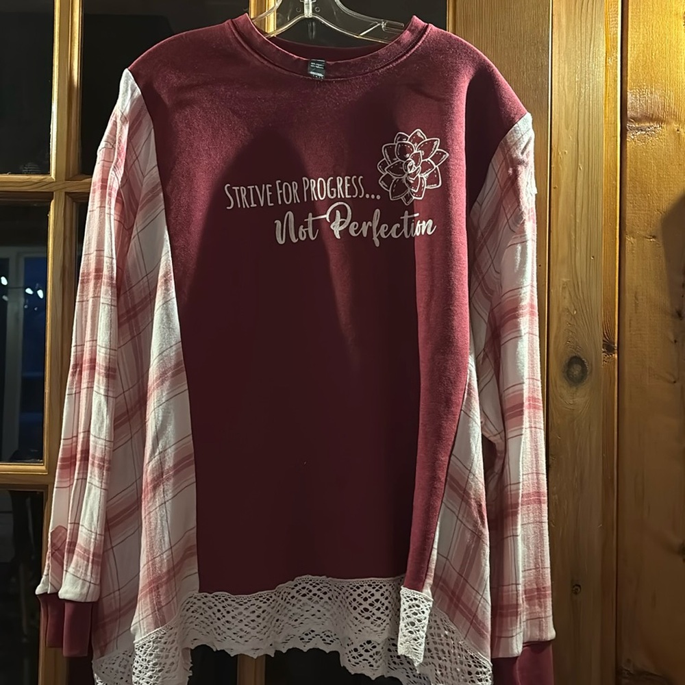 Upcycled sweatshirt , flannel sleeves, lace around bottom: large
